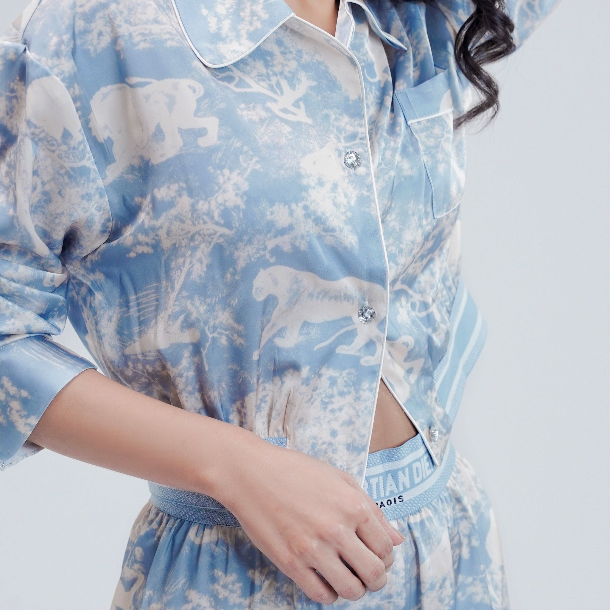 Silk 2 Pcs Printed PJ Set - Blue