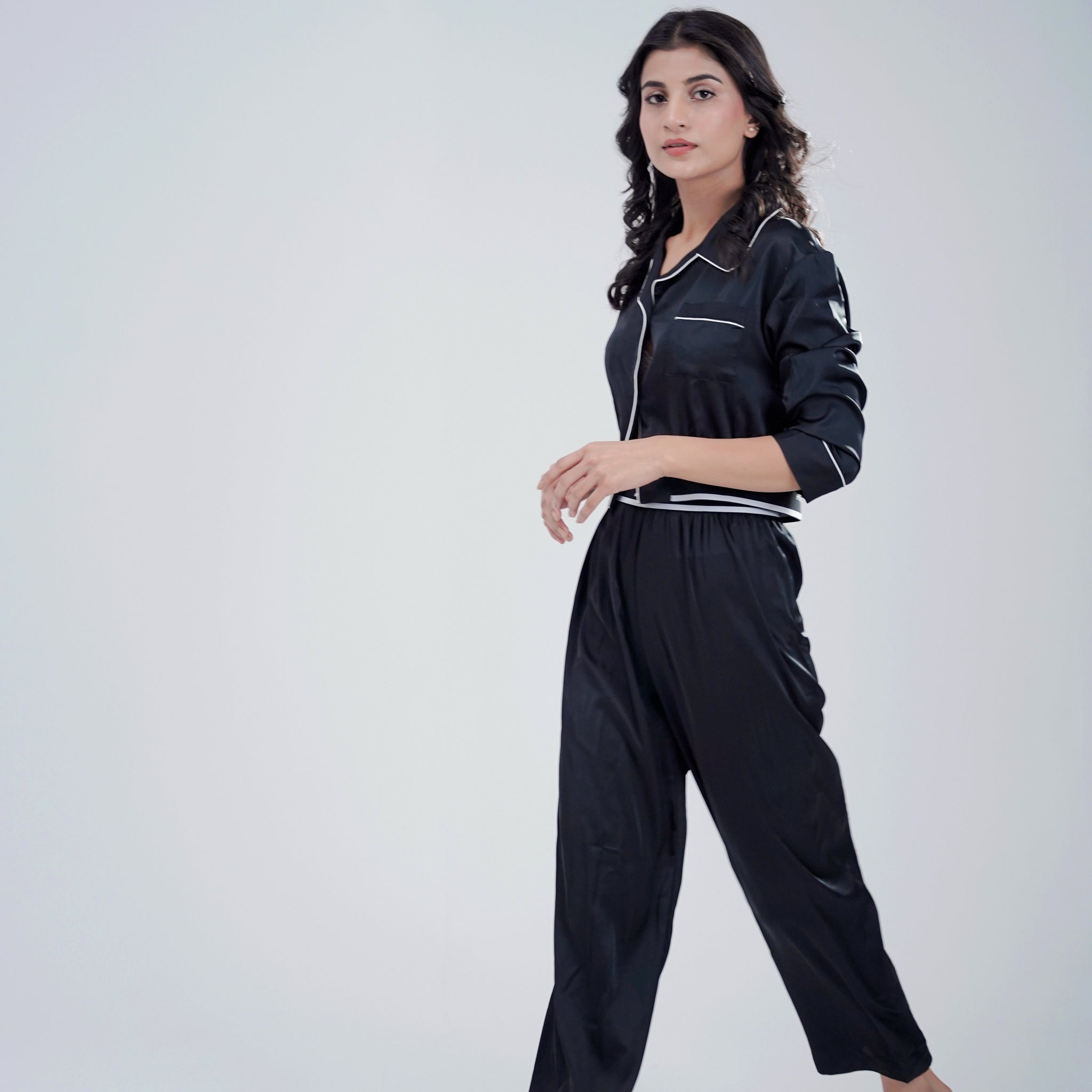 Silk 2 Pcs Solid PJ Set - Black