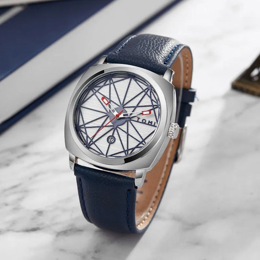 TOMI T-112 Men's Watch Date Quartz Square Dial Leather Straps
