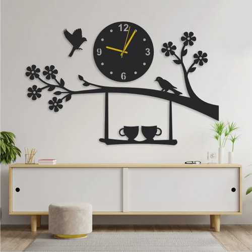 Birds On Tree With Cups Wooden Wall Clock