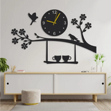 Birds On Tree With Cups Wooden Wall Clock